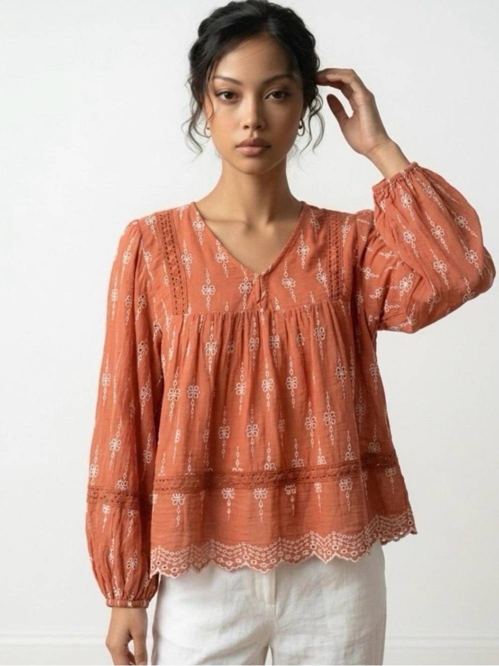 American Eagle Outfitters Rust Embroidered V-Neck Peasant Blouse
